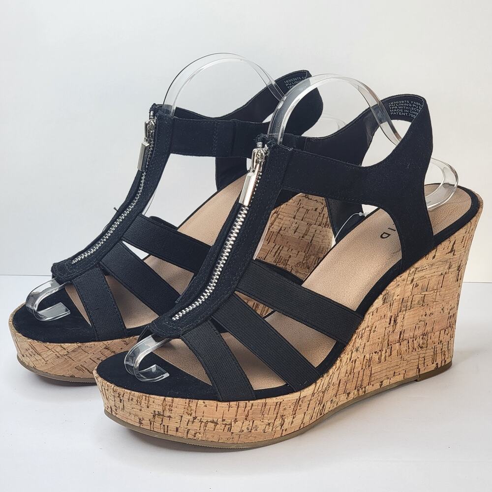 Torrid 9.5M Wedge Platform Heels Elastic Black Strappy Zip Open Toe Sandals New